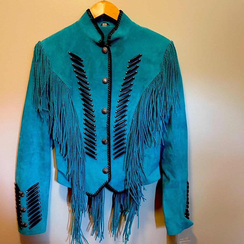 Vintage Suede Fringe Western Style Jacket, Turquoise with Beading Boho